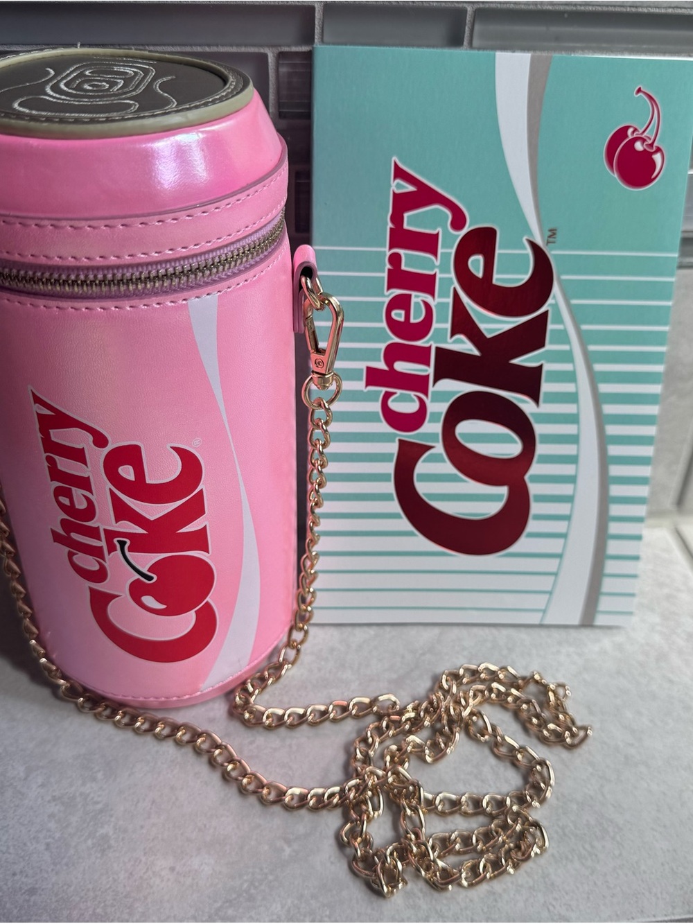 Cherry Coke Pink Can-Shaped Crossbody Bag with Gold Chain & Viral Notebook